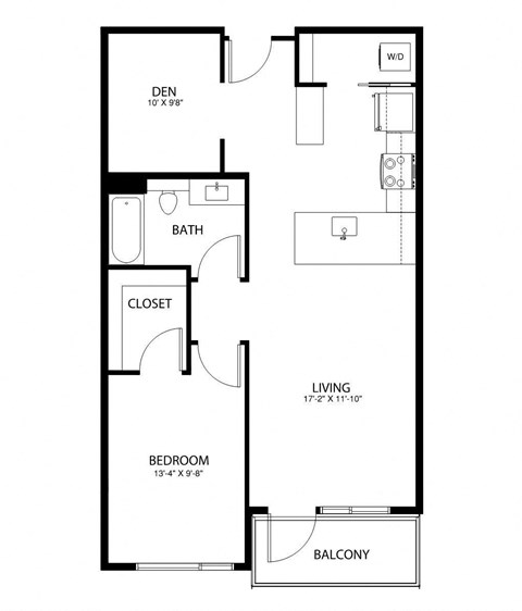 A floor plan of a small apartment with a den, bathroom, closet, living room, bedroom and balcony.